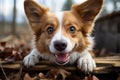 Close-up portrait of a corgi in the forest among the leaves.