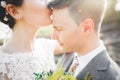 Close up portrait of couple against river and green trees. Beautiful young woman kissing handsome man outdoors Royalty Free Stock Photo