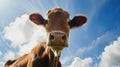 Close-up portrait of a cow against a blue sky with clouds Royalty Free Stock Photo