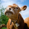 Portrait of curious brown cow with cowbell. Santa Giustina  Belluno  Italy Royalty Free Stock Photo