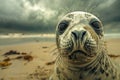 Close up Portrait of a Curious Grey Seal on a Sandy Beach with Cloudy Sky Background