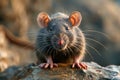 Close Up Portrait of a Curious Wild Rat with Shiny Eyes on a Natural Stone Background at Golden Hour
