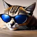 Close-up portrait of cute adorable kitten with big blue sunglasses, playful little pet, generative ai Royalty Free Stock Photo