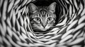 Close-up Portrait Of A Cute Cat Peeking Out Of A Striped Tube