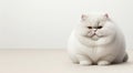 A close-up portrait of a cute, chubby white cat with a serious expression