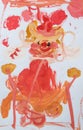 Close up. Portrait of a cute clown juggler in a circus. Children`s drawing paints. Creative activities with children 4-5 years ol