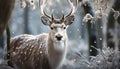 Close up portrait of a cute deer in snowy forest generated by AI Royalty Free Stock Photo