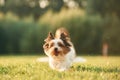Close up portrait of cute dog that is running on the green field, little girl is at background, blurred Royalty Free Stock Photo