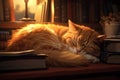 Close up portrait cute ginger fluffy cat sleeps on table in library among books, lit by lamp Royalty Free Stock Photo