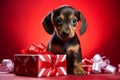 Close up portrait cute little adorable pedigree miniature Dachshund puppy hunting dog doggy positive curious expression Royalty Free Stock Photo