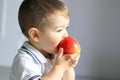 Close up portrait of cute little baby boy with atopic dermatitis on his cheek holding and eating red apple.