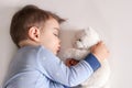 Close up portrait of cute little baby boy in light blue pajamas sleeping peacefully on bed at home hugging white soft teddy bear t