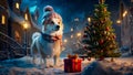 Close-up portrait of a cute little dog wearing a red Santa Claus hat against the backdrop of Christmas village and winter snowy Royalty Free Stock Photo