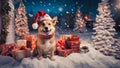 Close-up portrait of a cute little dog wearing a red Santa Claus hat against the backdrop of Christmas village and winter snowy Royalty Free Stock Photo
