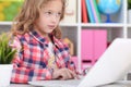 Close up portrait of cute little girl using modern laptop Royalty Free Stock Photo