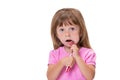 Close-up portrait Cute little girl 3 year old in pink t-shirt brushing her teeth isolated on white background Royalty Free Stock Photo