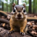 Close up portrait of a cute little squirrel in the forest. Shallow depth of field