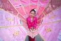 Close up portrait of cute lovely girl dancing performing bird eating basin, Kingkala Bird Dance at Chiang Mai, Thailand - April 12