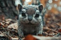 Close up Portrait of a Cute Squirrel Among Autumn Leaves in a Forest Setting Royalty Free Stock Photo