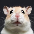 Close-up portrait of cute Syrian hamster in front of black background