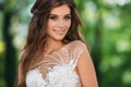 Close up portrait of cute young bride with long hairs dressed in beautiful white marriage dress. Pretty girl on greet Royalty Free Stock Photo