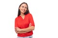 close-up portrait of a cute young european brunette lady in a red t-shirt on the background with copy space Royalty Free Stock Photo