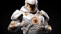 A close up portrait of a 3d white and gold fantasy robot on dark background, concept technology Royalty Free Stock Photo