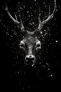 A close up portrait of a deer with antlers, surrounded by snow and stars