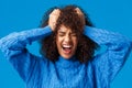 Close-up portrait distressed and tensed upset african-american woman screaming from feeling uneasy and let down