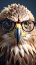 Close-up portrait of an eagle wearing reading glasses with dark frames Royalty Free Stock Photo