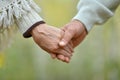 Close up portrait of elderly couple holding hands in autumn park Royalty Free Stock Photo