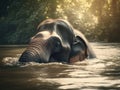 Close-up portrait of an elephant traversing deep river. Tropical background,