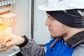 Close-up portrait of energy engineer in hard hat at work.