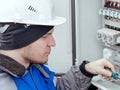 Close-up portrait of energy engineer in hard hat at work.