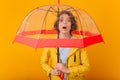 Close-up portrait of enthusiastic girl with curly hairstyle standing under parasol. Indoor photo of upset female model