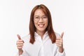 Close-up portrait enthusiastic and supportive young businesswoman encourage team and employees keep good work, show