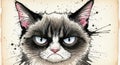 Grumpy cat portrait with expressive eyes and splattered artistic style close-up Royalty Free Stock Photo