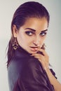 Close up portrait of fashion caucasian model in leather jacet