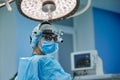 Close up portrait of female surgeon doctor wearing protective mask and hat during the operation. Healthcare, medical Royalty Free Stock Photo