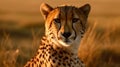 Close up portrait ferocious carnivore leopard, stare or looking at the camera at desert savannah background Royalty Free Stock Photo