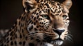 Close up portrait ferocious carnivore leopard, stare or looking at straight forward at dark background