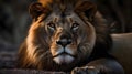 Close up portrait ferocious carnivore male lion sit and rest, stare or looking at the savannah desert background Royalty Free Stock Photo