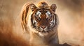 Close up portrait ferocious carnivore tiger stare or looking at the camera dessert savannah background Royalty Free Stock Photo