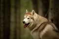 Free and beautiful dog breed siberian husky sitting in the green mysterious forest Royalty Free Stock Photo