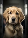 close up portrait of a Frightened goldend retriever puppy in the veterinarian office. Waiting for vaccination. AI