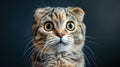 Close-up portrait of a funny cat looking surprised on dark studio background.