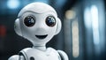 Close up portrait of a funny white robot smiling looking at camera resembling a toy with defocused background. AI concept, robotic Royalty Free Stock Photo
