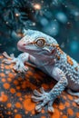 Close up Portrait of Geckonia Chazaliae Exotic Spotted Gecko on Vivid Abstract Background with Falling Snowflakes