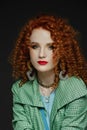 Close-up portrait of  girl, curly red hair, red lipstick, calm look, white skin, puffy hairstyle, evening make-up Royalty Free Stock Photo