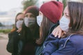 Close-up portrait of girls with medical masks. Against the background of a glass building with reflections. Concept on the topic Royalty Free Stock Photo